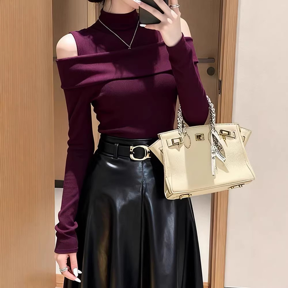 Áo len cổ lọ nữ thiết kế hở vai phong cách quý tộc — Rượu vang đỏ chi tiết 2