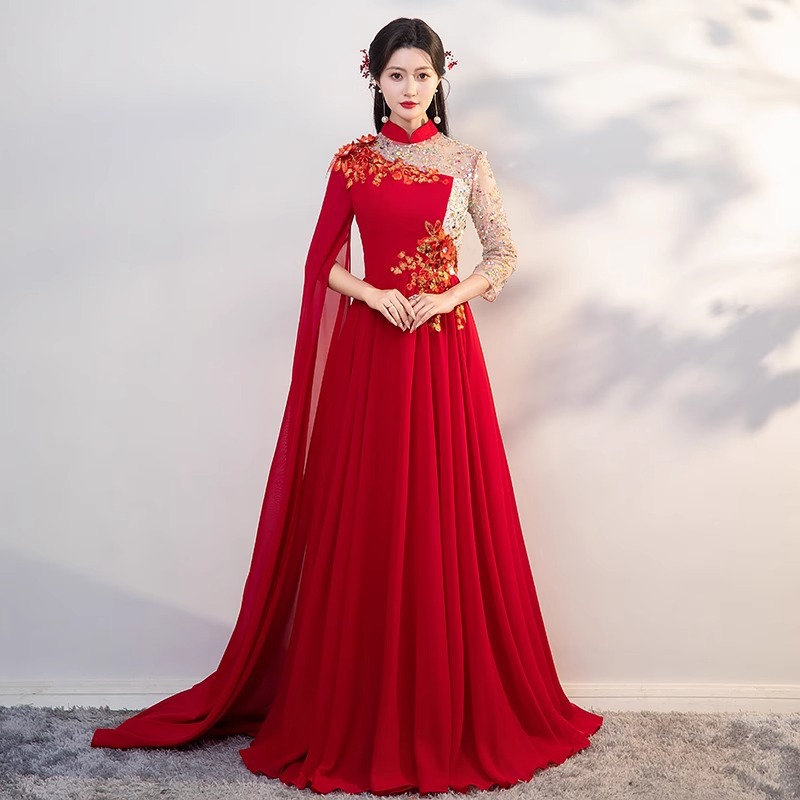 Big Choir Dress Red Adult Female Guzheng Folk Music Performance Dress Host Performance Competition Solo