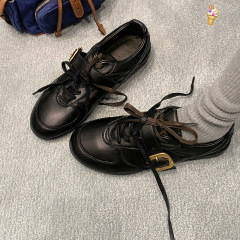 现货啦~2025新款双鞋带皮带扣单鞋女圆头德训皮鞋女英伦乐福鞋女