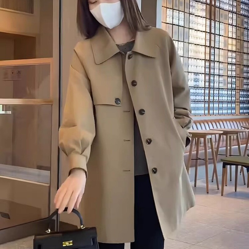 Elegant puff-sleeve mid-length trench coat for women, new Korean-style loose-fitting khaki coat for spring and autumn Elegant puff-sleeve mid-length trench coat for women, new Korean-style loose-fitting khaki coat for spring and autumn