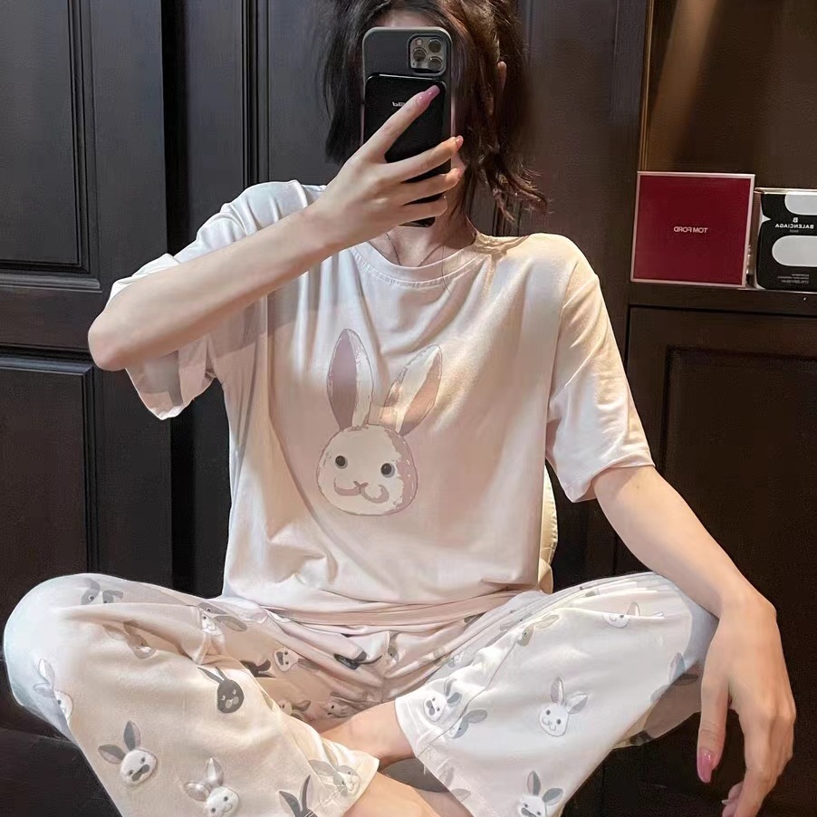 Korean-style Japanese-style Southeast Asian Pajamas Women's Cartoon Summer Short-sleeved Soft Cotton Smiley Face Loose Suit Thin Home Clothes