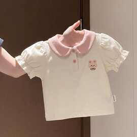 夏季创意小熊刺绣短袖女童t恤夏天儿童甜美收腰短款可爱纯棉上衣