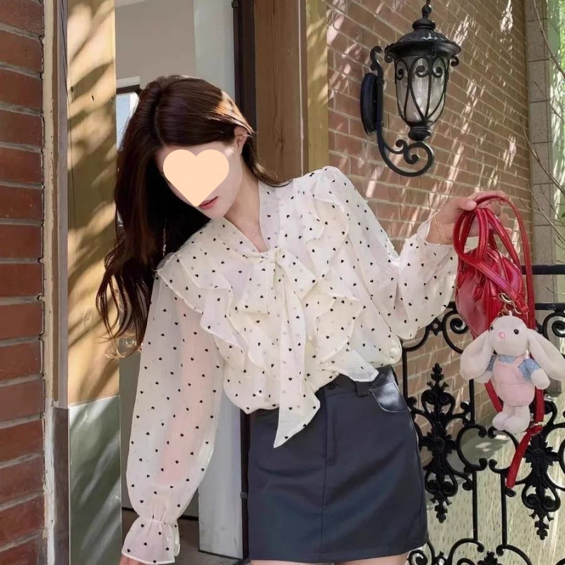 2025新款法式高级感荷叶边波点衬衫女春季设计感绑带宽松别致上衣|undefined