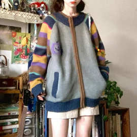 美式复古撞色条纹毛衣外套女慵懒秋冬新款设计感拉链宽松针织开衫