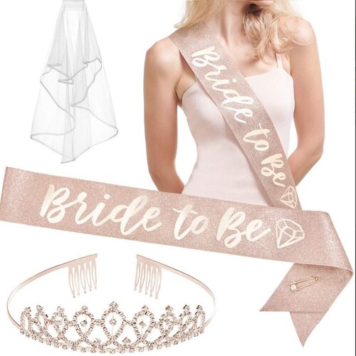 European and American bride to be bride veil shoulder strap crown set rose gold ceremonial belt bachelor party wedding
