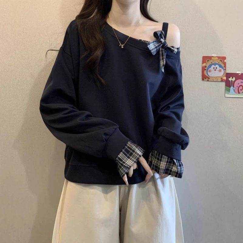 大码格子拼接一字肩斜肩卫衣女春秋新款宽松显瘦遮肉露肩长袖上衣|undefined