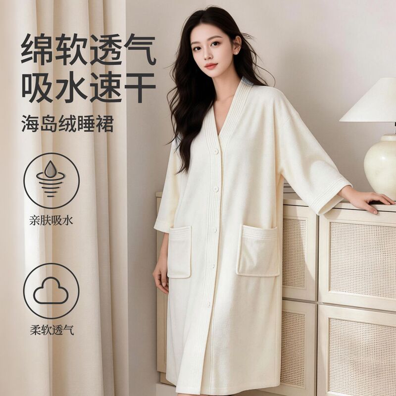 In-Stock Island Velvet All-Season Couple's Home Comfort Bathrobe Nightgown for Women, Solid Color, Simple, Warm, Water-Absorbent, Quick-Drying, Breathable In-Stock Island Velvet All-Season Couple's Home Comfort Bathrobe Nightgown for Women, Solid Color, Simple, Warm, Water-Absorbent, Quick-Drying, Breathable