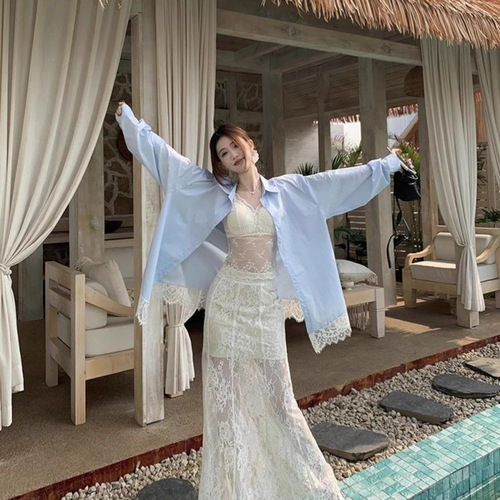 Lace patchwork loose long-sleeve women's shirt 2025 spring polo collar fashion casual