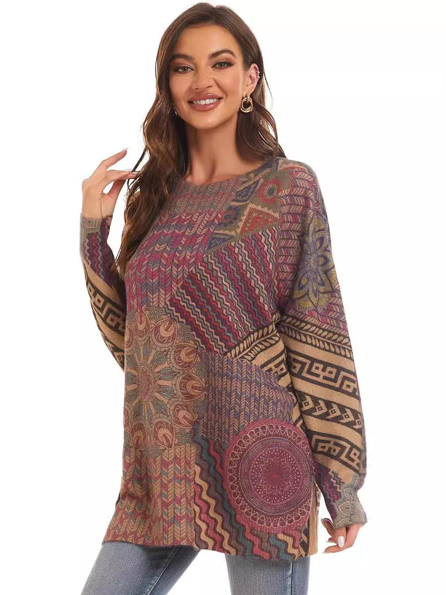 plus size Women's Knitted Sweater Crewneck Vintage Ethnic Style Printed Long Sleeve Top Amazon Hot Autumn and Winter New
