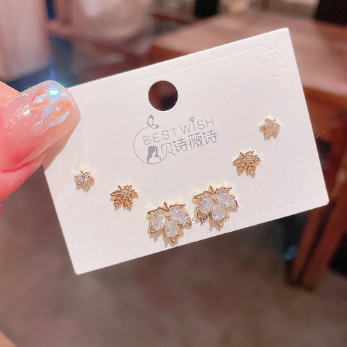  New Exquisite Maple Leaf Zircon Three Pairs of Earrings Women's Korean Style Silver Needle Personalized High-end Earrings