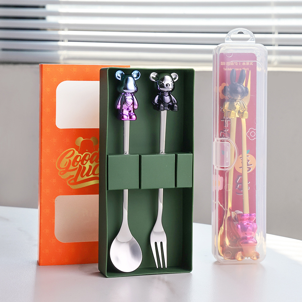 A 2024 New Model Famous Cross-border Vibrant Color Violent Bear Figure Spoon and Fork Gift Set Stainless Steel Coffee Spoon