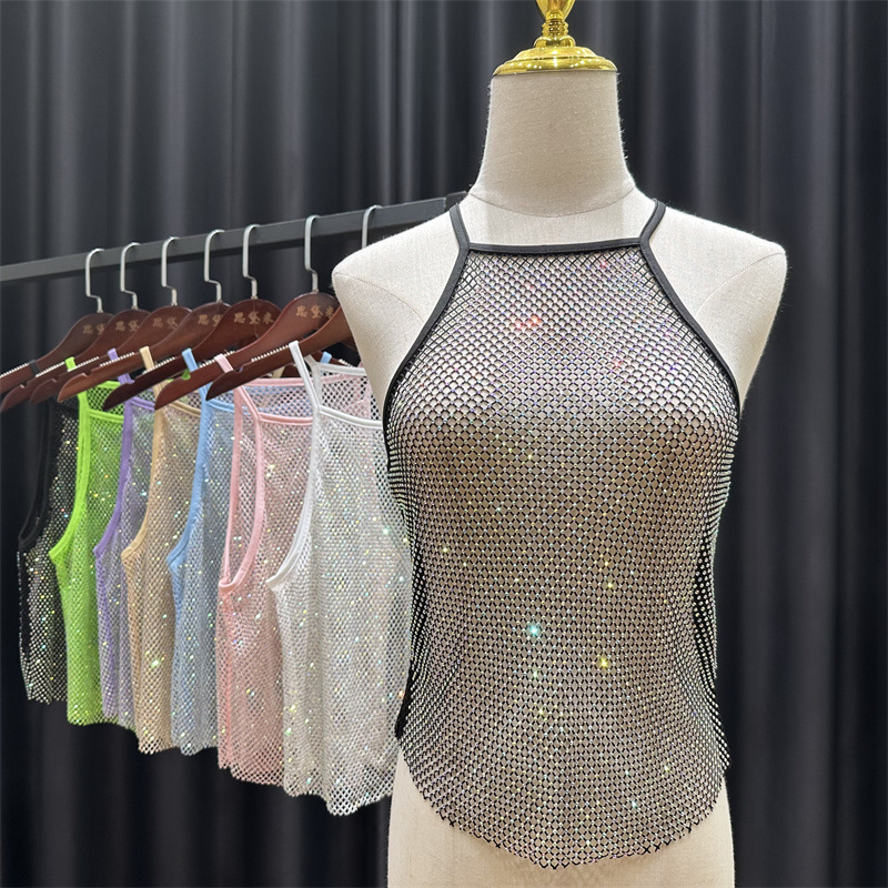 One-piece delivery bright diamond hanging neck vest sling hollow color diamond all-match European American hot girl top