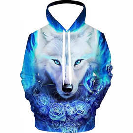 跨境网布面料 欧美童装长袖连帽衫 3D数码打印龙老虎狼印花卫衣男