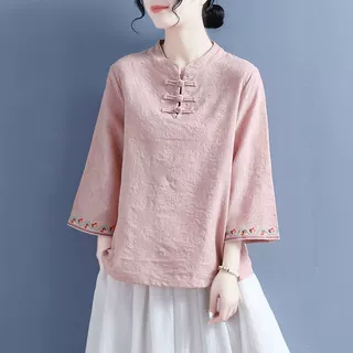 捡漏外贸出口尾单棉麻刺绣提花衬衫女复古盘扣七分袖T恤上衣