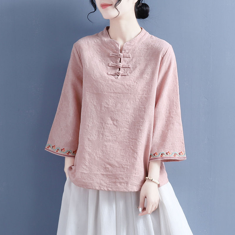 Foreign Trade Export Tail Single Cotton and Linen Embroidered Jacquard Shirt Women's Vintage Buckle Seven-point Sleeve T-shirt Top