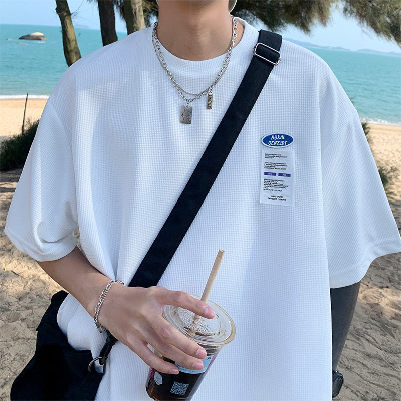 夏季贴标华夫格纯色短袖t恤男女潮流宽松半袖情侣装oversize上衣
