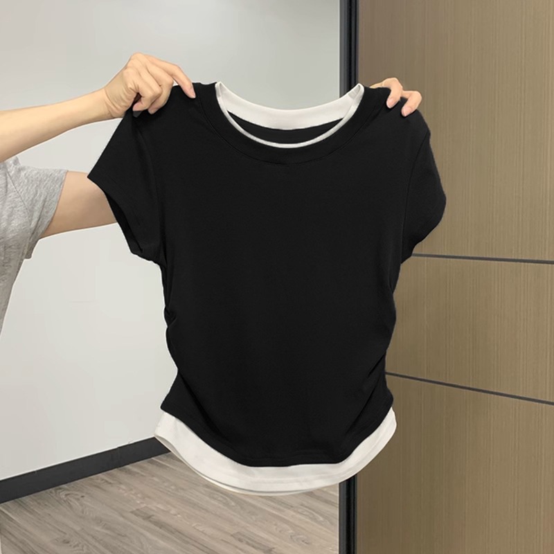 Black Slim Look All-match Contrast Modal Short-sleeved Top Summer New Design Sense Fake Two-piece Korean Style T-shirt Women