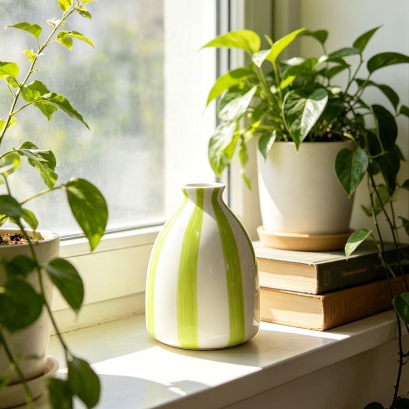 Vaso de cerámica a rayas pintadas a mano nórdica ligera de lujo de mano de alto nivel, línea simple, vasos de flores sin agujeros para el pelo