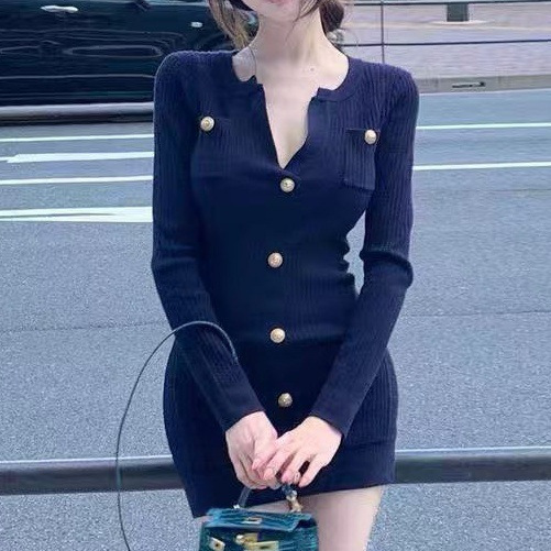 Smart Balmain Little Fragrance Style Slim Waist Knitted Long Sleeve Dress for Women Smart Balmain Little Fragrance Style Slim Waist Knitted Long Sleeve Dress for Women