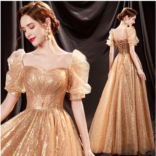 Banquet Evening Dress Golden New Bride Photo Tutu Skirt Long Choir Performance Puff Sleeve Dress