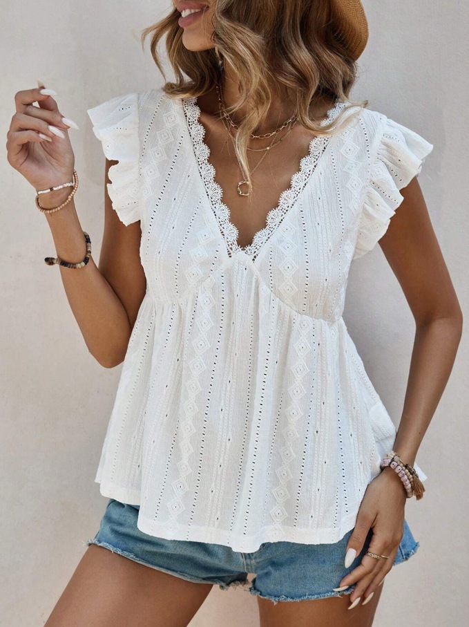 2026 European And American Cross Border Women's Spring And Summer New Fashionable Hollow V-neck Lotus Leaf Short Sleeved Lace T-shirt Top_ecoleips.com