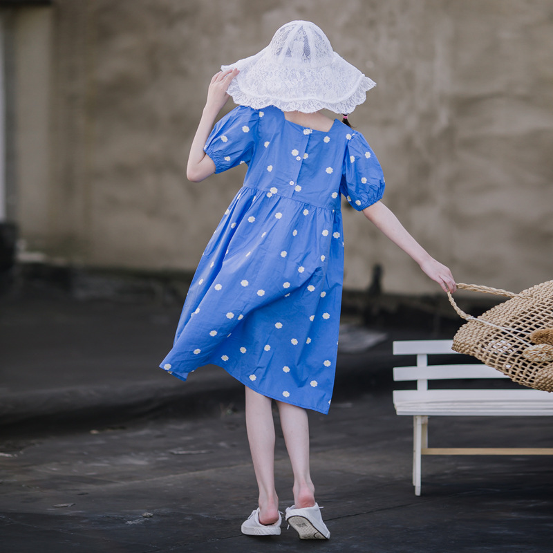 Niñas vestido de verano nuevo vestido de los niños puro algodón estilo occidental burbuja manga princesa vestido niña falda floral