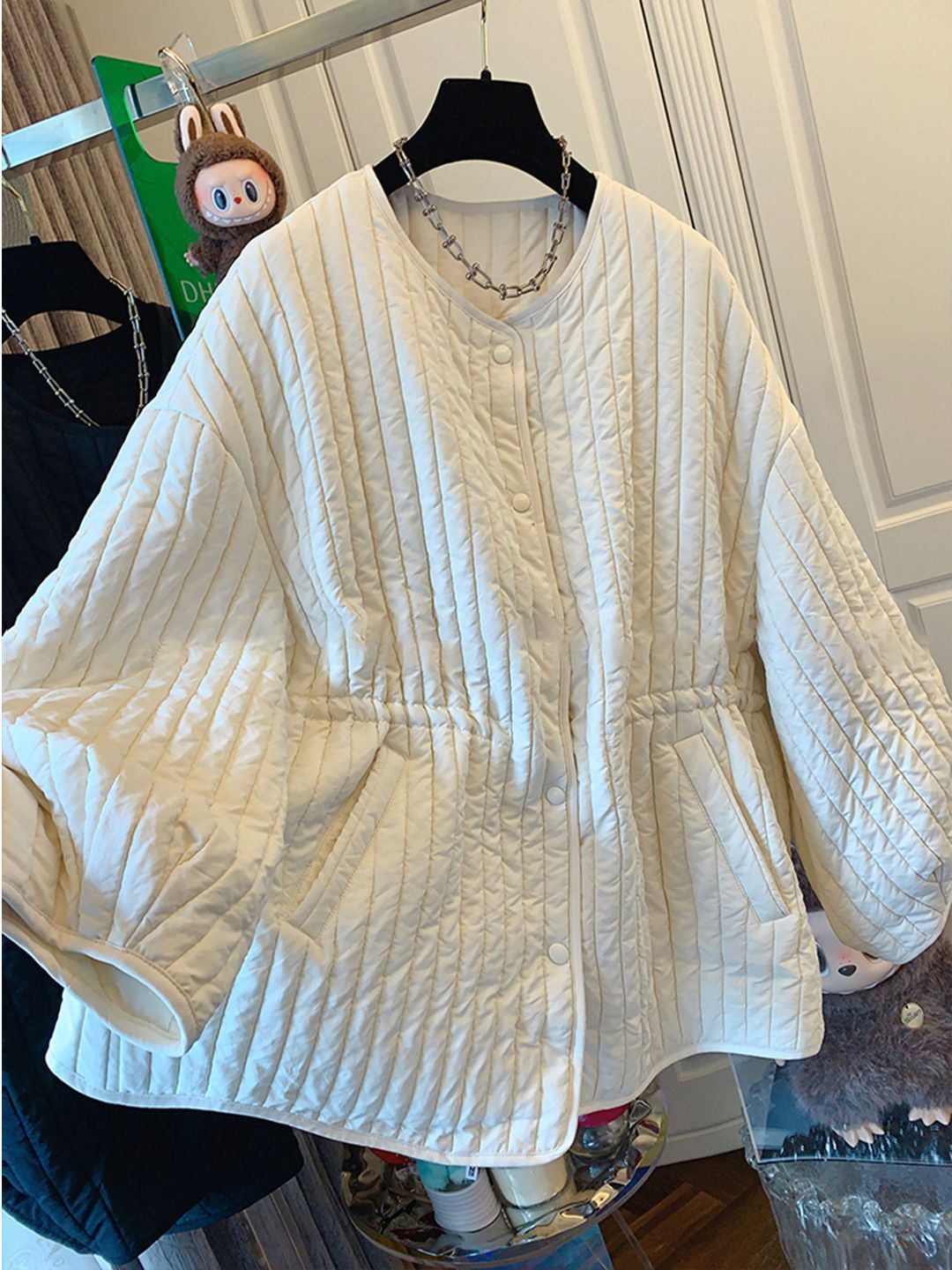 复古绗线夹棉衣外套女冬季感百搭宽松圆领加厚保暖棉服小棉袄