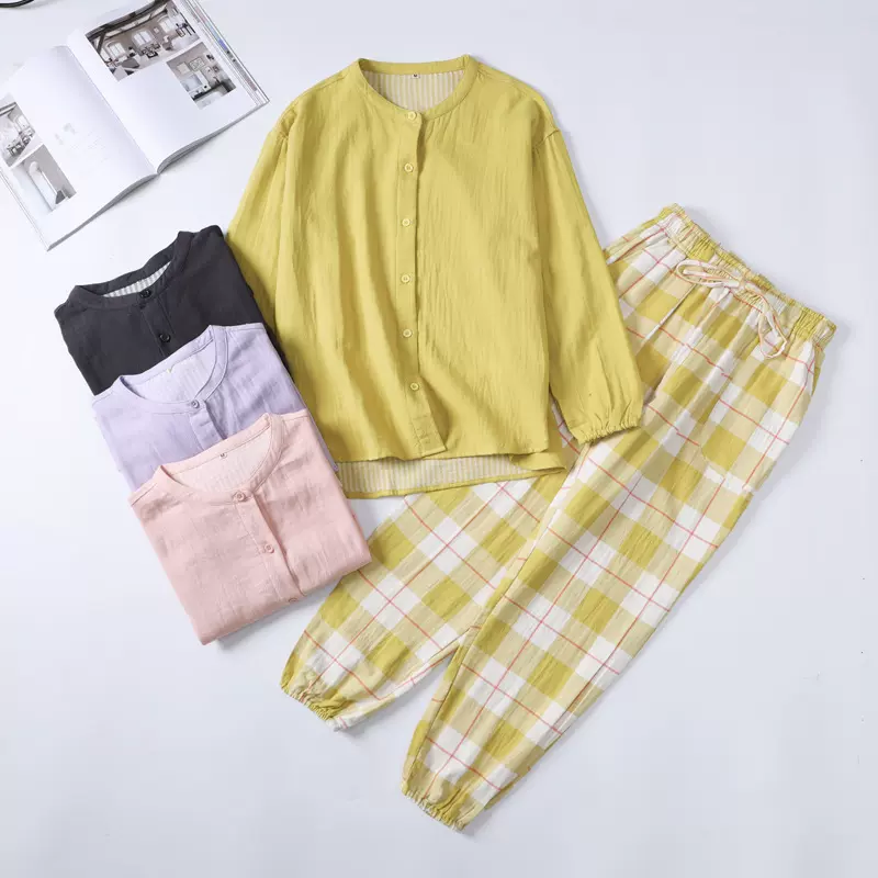 定制国潮风2023春夏季纯棉家居服双层纱布情侣睡衣女男士套装批发