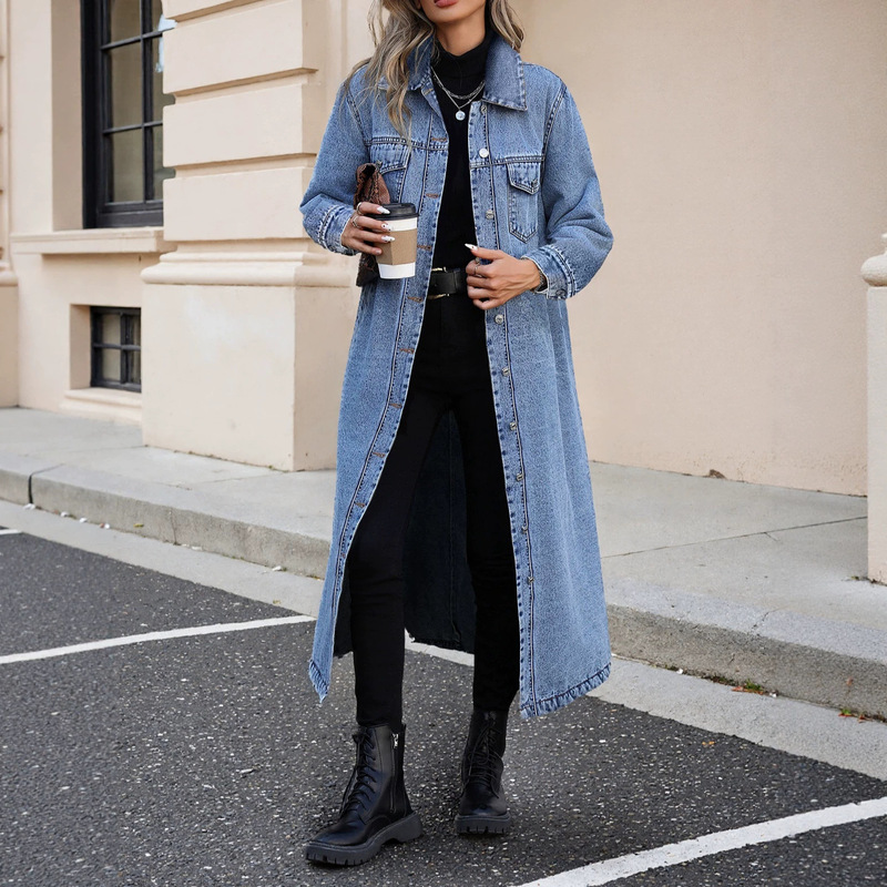 Cross-border European and American in-stock exclusive foreign trade women's clothing 2026 autumn and winter new elegant cardigan single-breasted long denim jacket