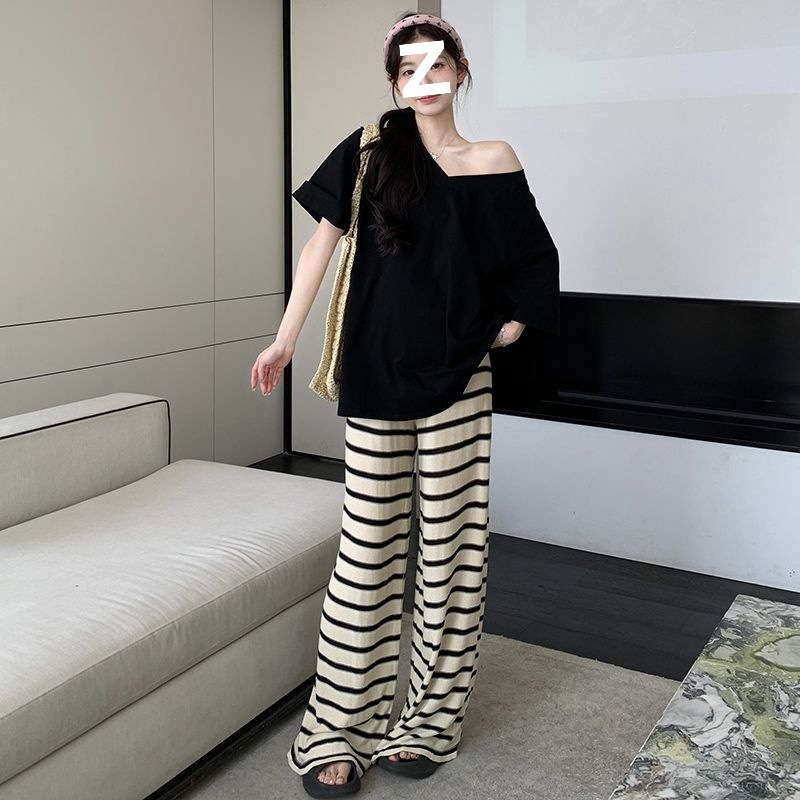 孕妇装夏装套装时尚t恤阔腿裤宽松显瘦条纹孕期法式穿搭两件套潮|undefined