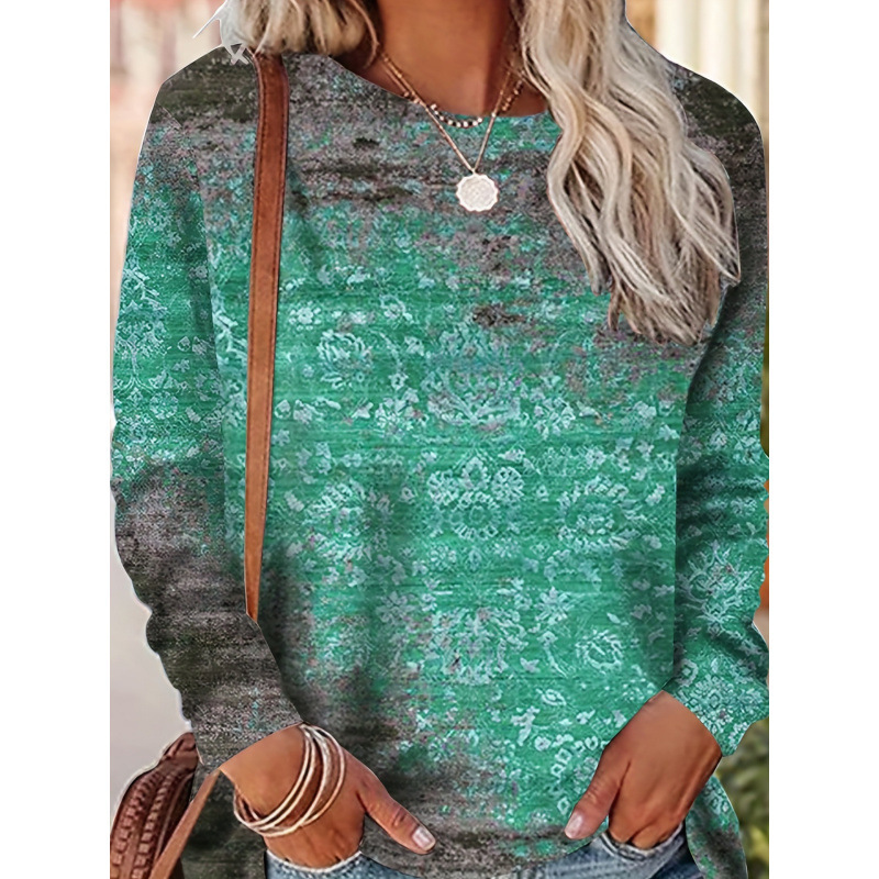 2025 European and American Cross-Border New Style Women's Geometric Pattern Round Neck Long-Sleeved T-Shirt Top Daily Casual Digital Printing 2025 European and American Cross-Border New Style Women's Geometric Pattern Round Neck Long-Sleeved T-Shirt Top Daily Casual Digital Printing