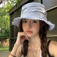 日本製ストライププリーツフラットトップフィッシャーマンハット女性用夏綿とリネンの薄い通気性のある芸術的な気質盆地帽子サンハット