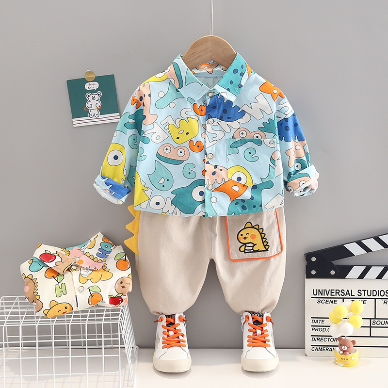 Autumn Children's Cartoon Dinosaur Lapel Shirt Long-Sleeve Two-Piece Set Wholesale Baby Overalls Trendy Toddler Clothing