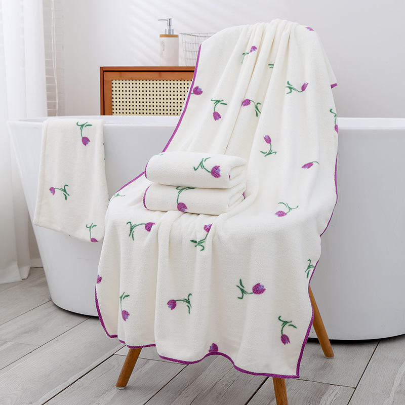 Bath Towel Set Soft Absorbent Tulip Print Coral Fleece Shower Cap_voghion.com