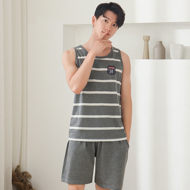 Men's Summer Thin Cotton Vest Shorts Home Suit Soft and Comfortable Fat plus size Outer Wearable Vest Shorts