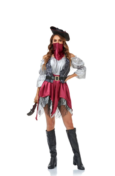 W2032 hat, scarf, dress, vest, belt, prop knife