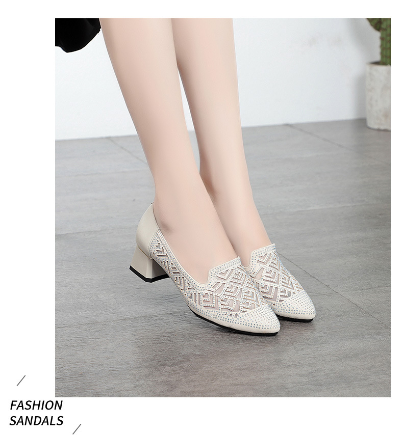 Sandal nữ quai chữ V gót thấp da thật lưới thoáng khí — màu đen chi tiết 4