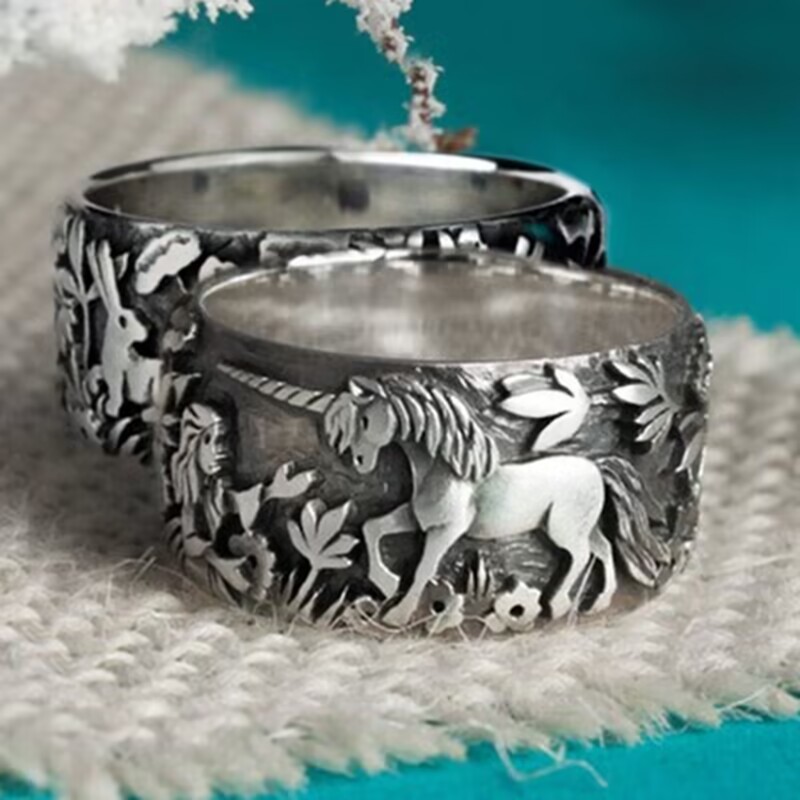 Vintage Einhorn Blumenring Für Damen Und Herren Silber Schmuck_voghion.com