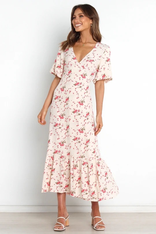 Deep V-Neck Short-Sleeved Printed Mid-Length Pleated Dress NSJRM111386