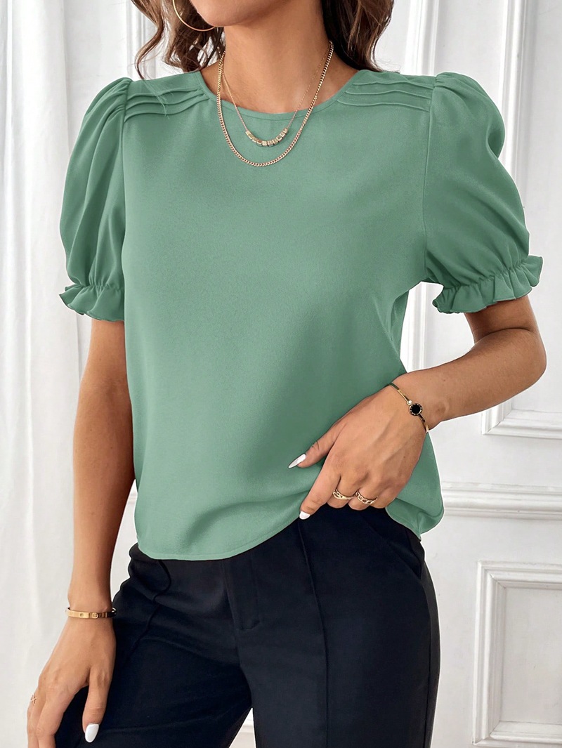 203g Weight Short Sleeve Sleeve Length Pullovers Placket Type Bishop Sleeve Sleeve Type Polyester Fabric Type Regular Top Length Blouse Tops Type Daily Occasion Round Neck Neckline Regular Fit Fit Type Solid Color Pattern Summer, Spring Season Women's Gender Elegant, Streetwear Style Wholesale Women's Elegant Streetwear Solid Color Short Sleeve Blouses 20