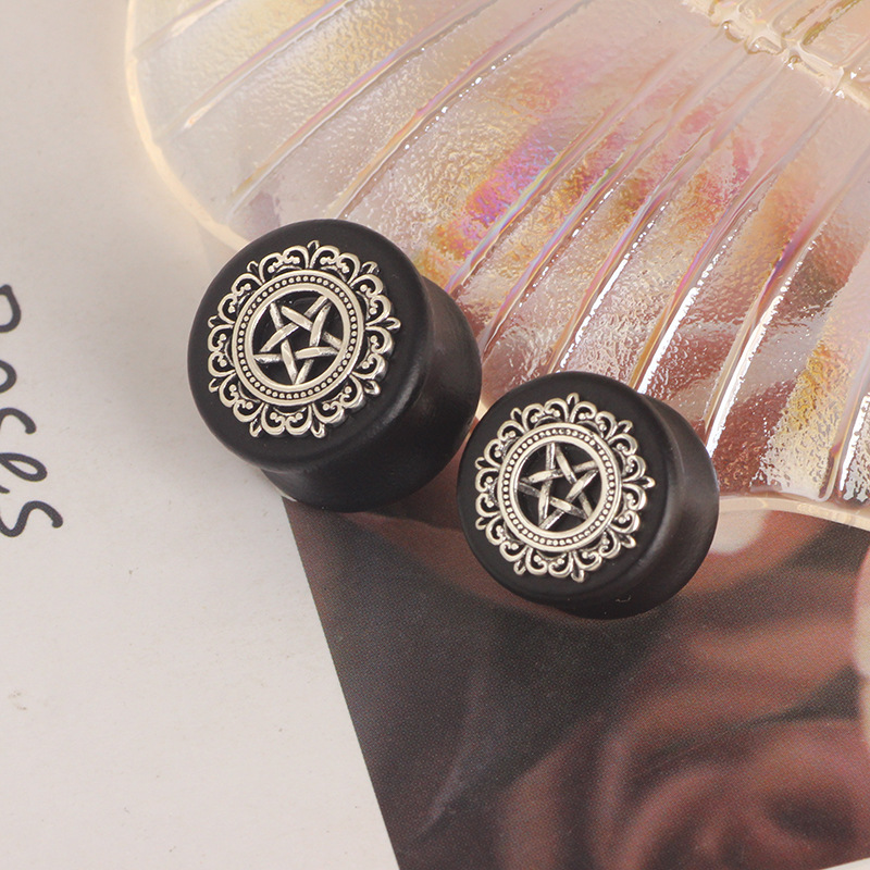 Black Solid Wood Star Ear Tunnels Stainless Steel Plated Flower Earrings for Men Ear Gauges detail image 7