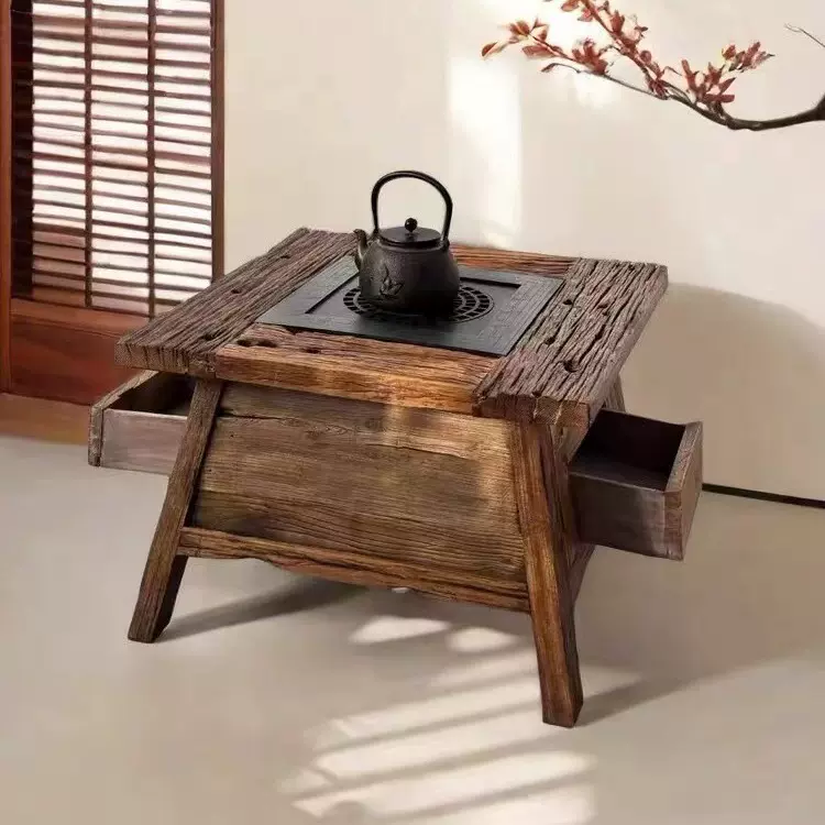 户外复古围炉煮茶小方桌老榆木茶台家用阳台原木茶几围炉火锅桌