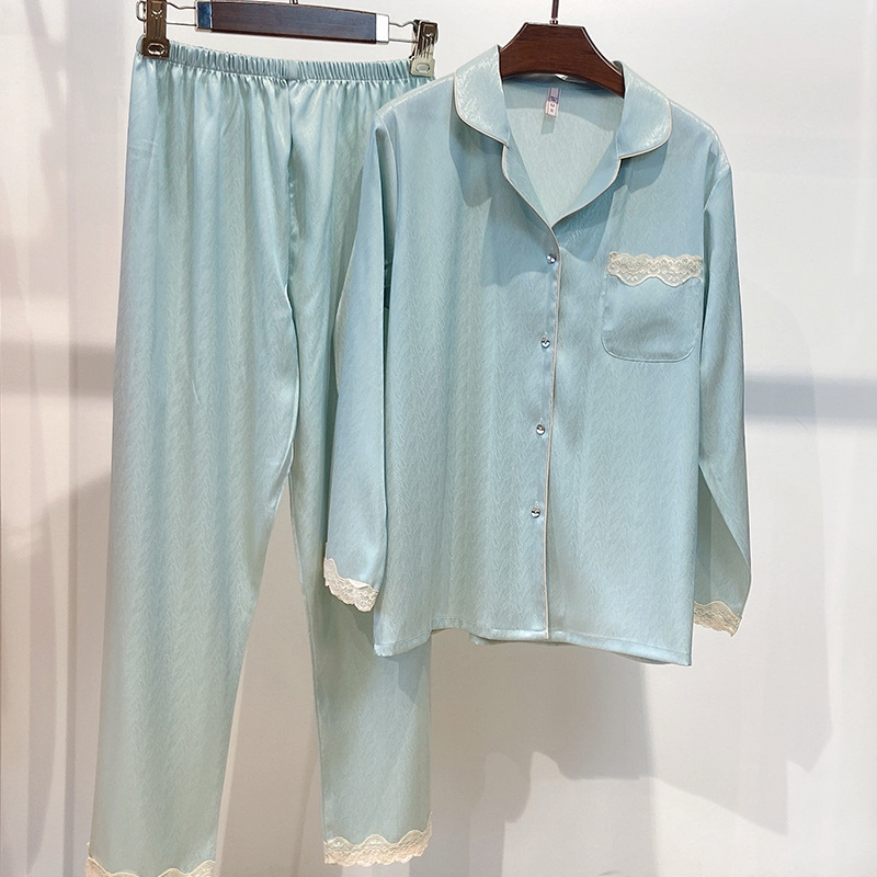 단색 간단한 아이스 실크 여성의 잠옷 봄 느슨하고 편안한 가정 옷 긴 소매 바지 세트 제조 업체의 한국어 버전 도매