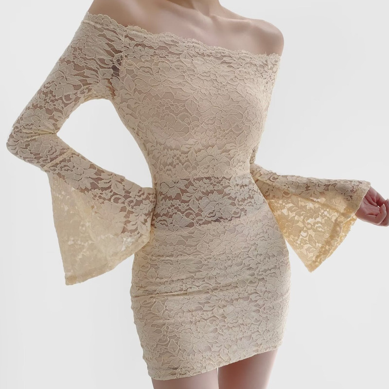 Spice Girls Pure Desire One-character Collar Shoulder Sexy Long-sleeved dress Lace Hollow-out Design Horn-sleeved Hip Skirt for Women