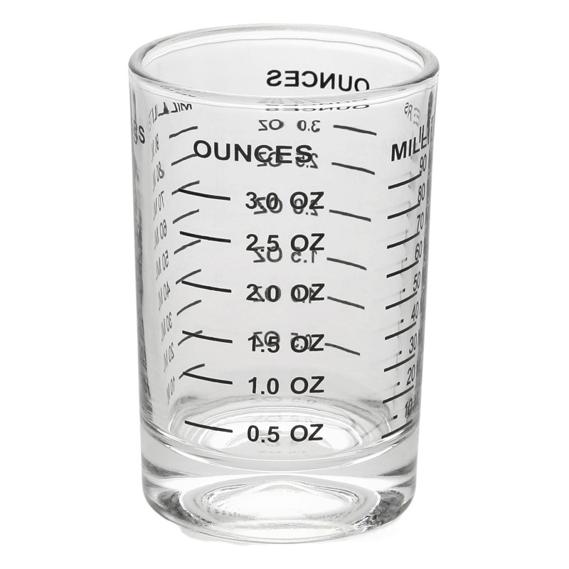 Taza de medición de onza de vidrio engrosada transfronteriza 90mL 120ml escala de medición doble taza de agua redonda taza de café de fondo grueso para hornear