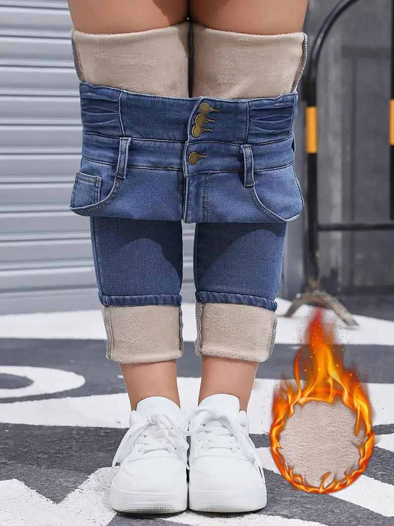 Fashion Versatile Women's Skinny Jeans Fleece Lined Elastic Waist Multi Button Solid Color Autumn Winter New Style_ecoleips.com