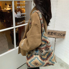 510251 ins复古格子毛绒简约单肩学生大容量通勤背心包手提帆布包