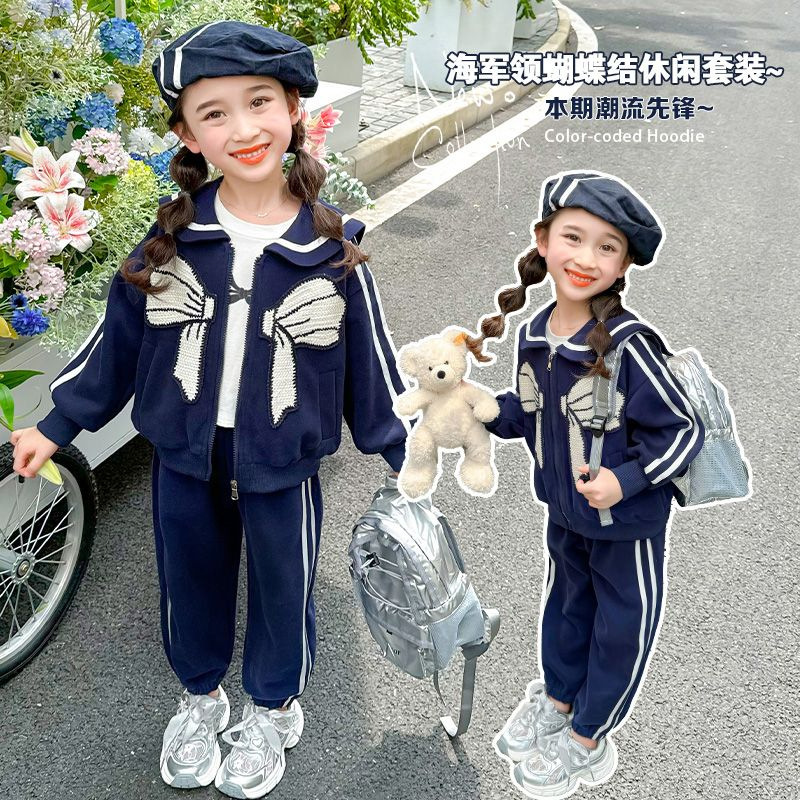 Traje casual de lazo de estilo azul marino para niñas 2024 otoño nuevo estilo para niños chaqueta de bebé de primavera y otoño coreana de dos piezas