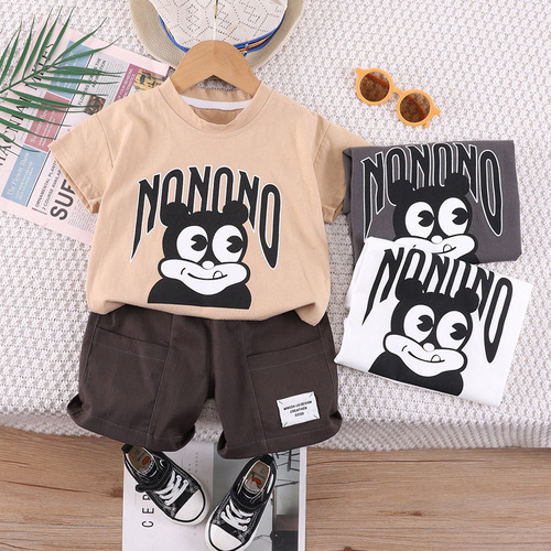 Children's Summer Set of Two Pieces: Cotton T-Shirt and Shorts with Bear Print for Young Boys