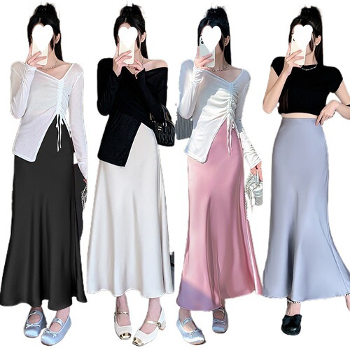 High-waisted silk fish-tail semi-slip dress with elegant coverage, shaping and slimming effect, A-line style, suitable for plus-size women